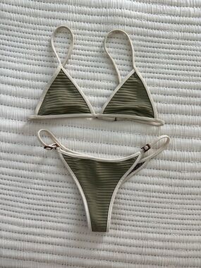 acacia swimwear Olive Ribbed Triangle Bikini with Cream Trim